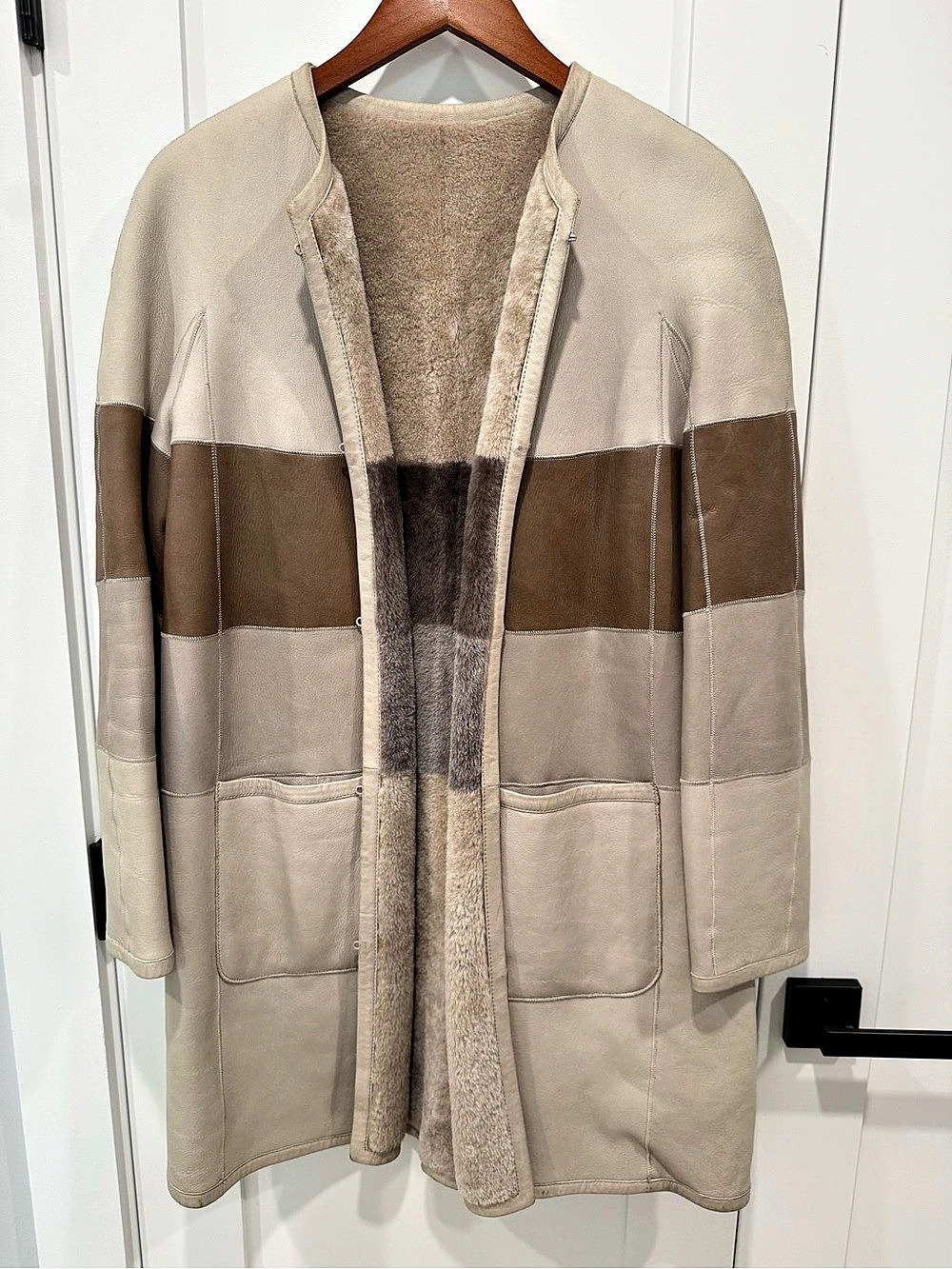 Color Block Lambskin Coat in Beige & Brown Like New